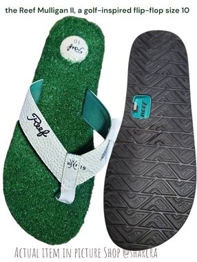 Reef Men's Mulligan II golf Thong flip-flop White Faux Leather Green Sandals 10